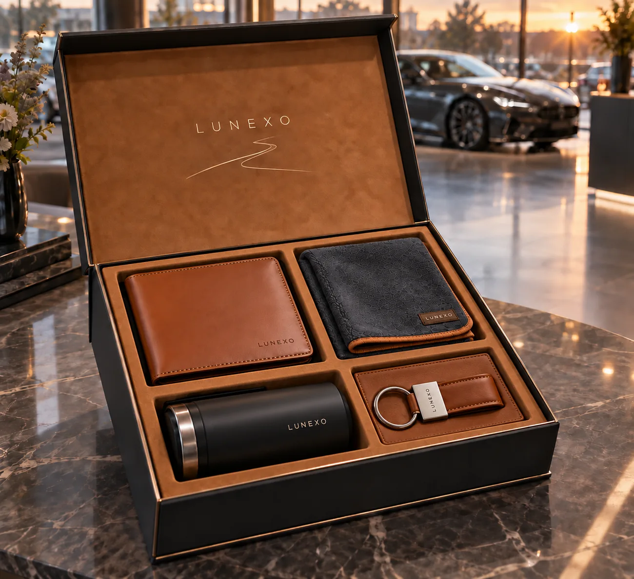Coffret automobile avec porte-documents, microfibre, mug isotherme et porte-clés