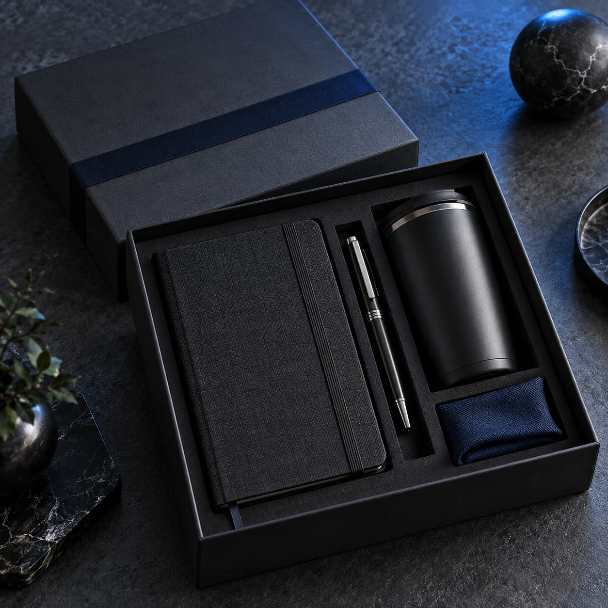 Coffret d’entreprise avec carnet, stylo et mug de voyage
