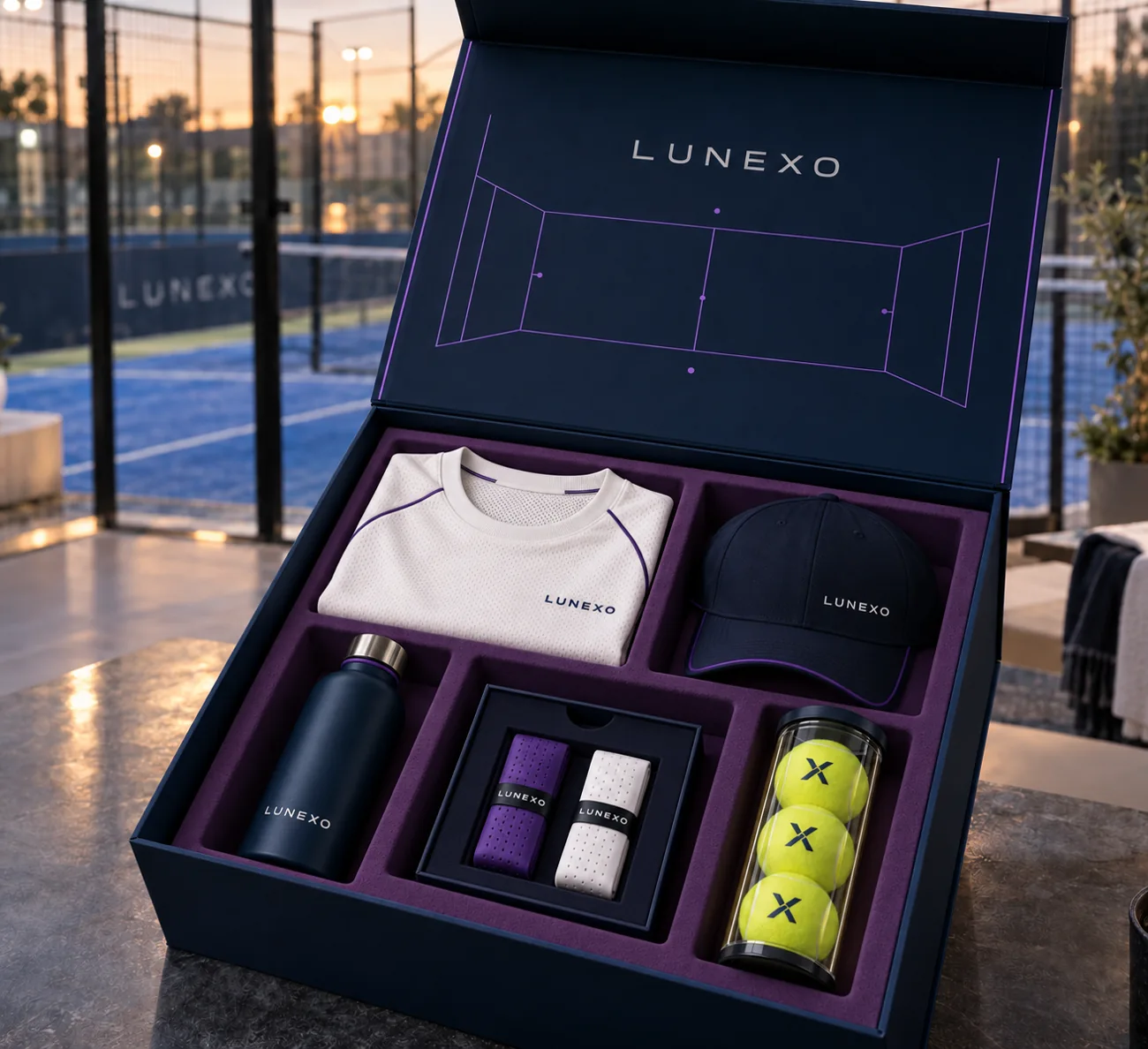 Coffret padel Lunexo avec t-shirt technique, casquette, gourde, surgrips et balles