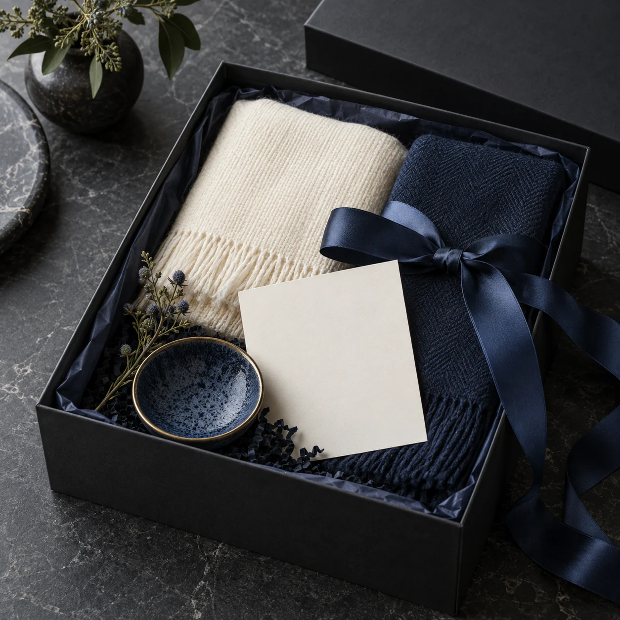 Coffret sur mesure avec textiles et ruban bleu