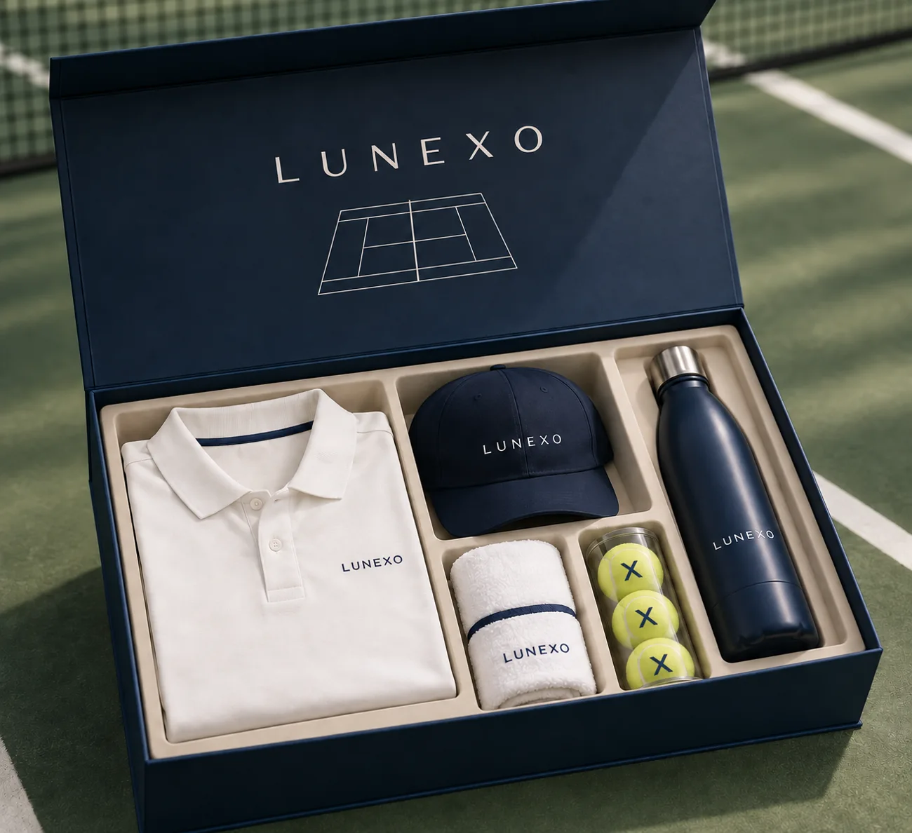 Coffret tennis Lunexo avec polo, casquette, gourde, serviette et trois balles